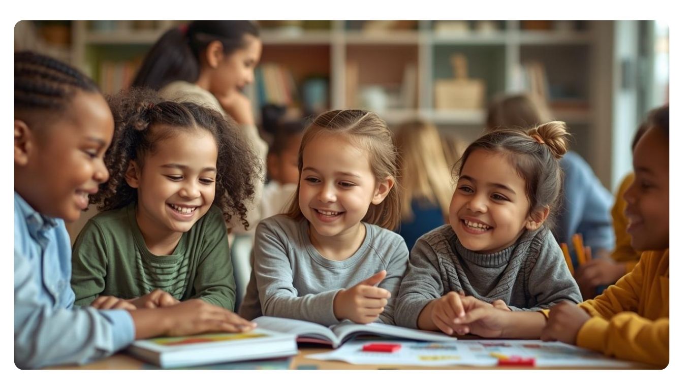 Niños y niñas leyendo juntos