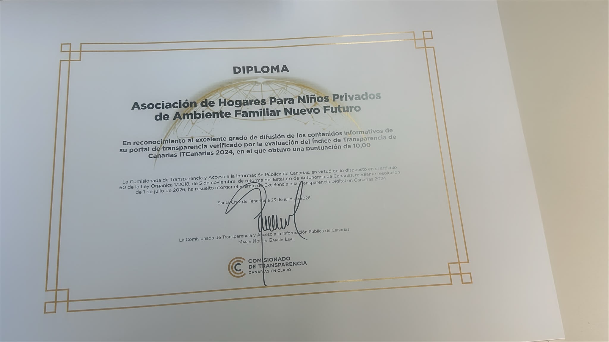 Diploma del Premio de Excelencia a la Transparencia Digital en Canarias 2024